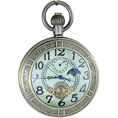 OGLE Waterproof Luminous Magnifier Tourbillon Moon Sun Chain Fob Self Wind Automatic Mechanical Pocket Watch Cover