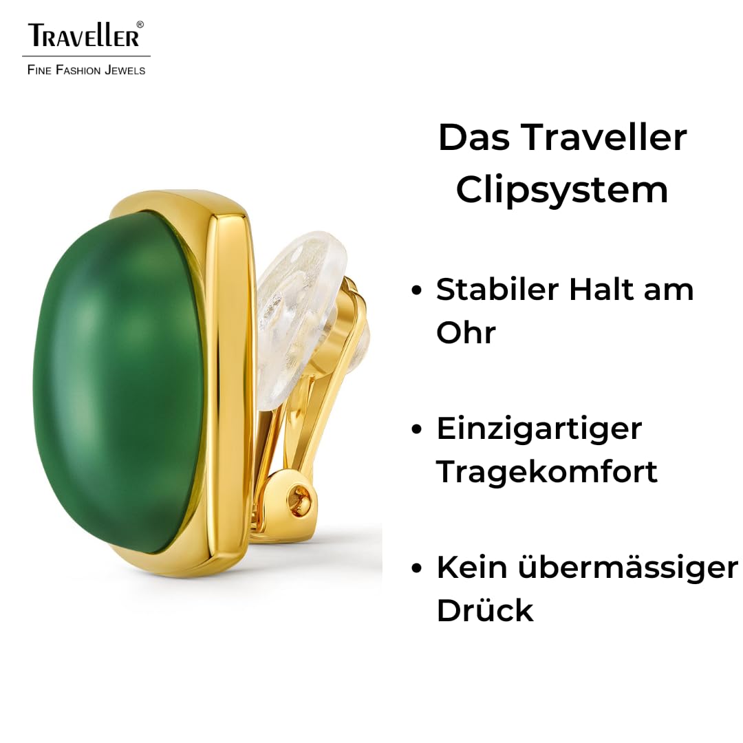 Traveller Ohrclips - Damen - 22kt Vergoldet - Aventurin Edelstein - 16mm - Grün - 18x18mm - 114356