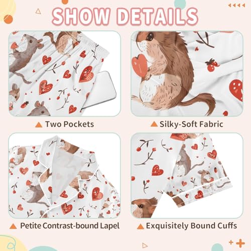 senya Squirrel Holding Love Heart Satin Summer Pajama Sets Silk Short Sleeve Button Down Sleepwear3