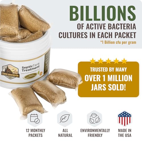 Septic Tank Treatment - 1 Year Supply of Septic Safe Dissolvable Easy Flush Live Bacteria Packets (12 Count) - Best Way to Prevent Expensive Sewage Backups - Made in USA