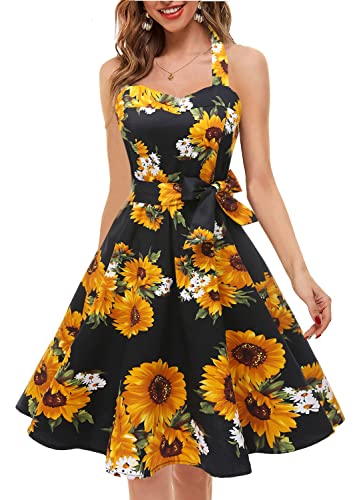Topdress Women s Vintage Polka Audrey Dress 1950s Halter Retro Cocktail Dress Black Sunflower L