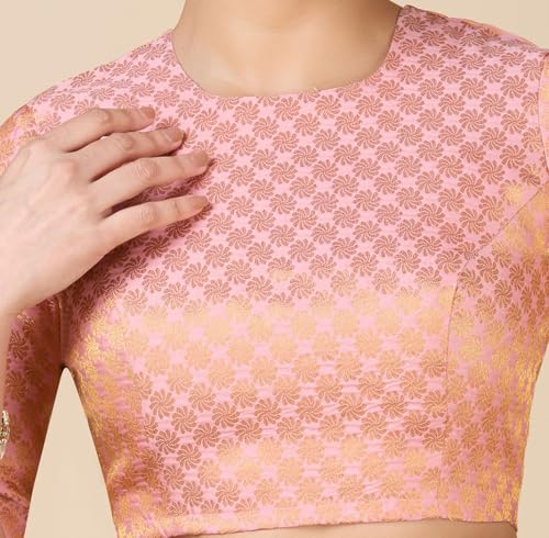 Image of Studio Shringaar Women Brocade Silky Jewel Neck Readymade Elbow Length Sleeve Saree Blouse