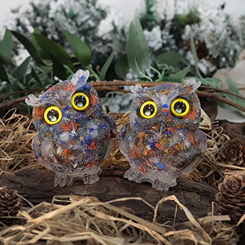Nupuyai 3" 7 Chakra Stones Owl Bird Carved Crystal Animal Statue Ornament, Resin Chip Stones Pocket Figurine Energy Healing Home Office Decor - Image 4