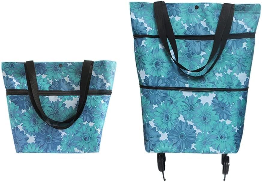 Shopping Bag with Wheels, Portable Trolley Bags Foldable Tote Grocery Cart, Reusable and Collapsible Utility Bag, 360° Swivel Wheels, Large Capacity for Travel and Home