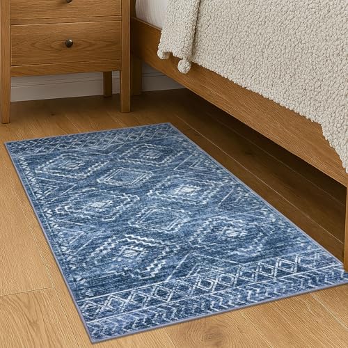 KILOCOCO Small Rug 2'x3' Entryway Rug Door Mat Indoor Soft Non Slip Printed Machine Washable Rugs for Bedroom Kitchen Entrance Front Door Geometric Boho Throw Rugs, Stonewashed Blue