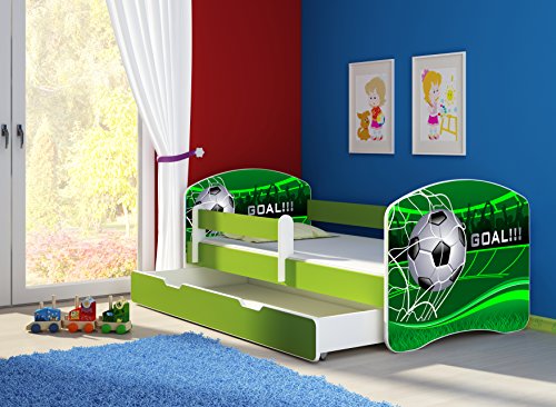 Clamaro 'Fantasia Grün' 160 x 80 Kinderbett Set inkl. Matratze, Lattenrost und mit Bettkasten Schublade, mit verstellbarem Rausfallschutz und Kantenschutzleisten, Design: 14 Fußball Toor