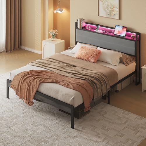 Image of LIKIMIO Queen Bed Frame with Storage Headboard and LED Lights, Metal Platform Bed with Charging Station, Noise Free, No Box Spring Needed, Under Bed Storage, Charcoal Gray
