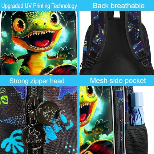 Image of 3Pcs Dinosaur Backpack for Boy, 16 inch Bookbag with Lunch Box, Kids School Backpacks for Elementary Preschool Kindergarten (Black)