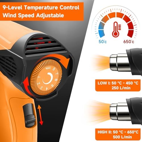 Bild 1 - Heißluftpistole 2000W AIUNAOM Heißluftfön 9 einstellbare Temperaturstufen 50℃- 650℃ Heissluftgebläse mit 5 Zubehör Überlastschutz Keramikheizkern Geeignet zum Heizen, Schweißen und Auftauen