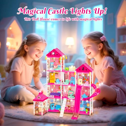 Image of 4-Story Doll House Large DIY Playhouse for Girls, Little Girl Dream House with Furniture, Animals Play Area & 2 Princesses Slide, Creative Construction Toy for Birthdays & Christmas