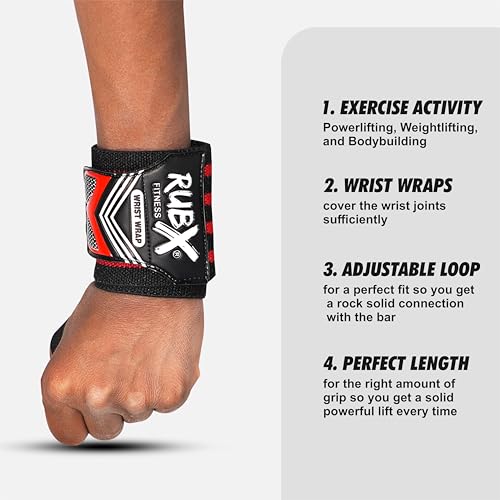 Image of RUBX Premium Wrist Wraps for Gym Workout - Adjustable Wrist Support Straps for Weightlifting, CrossFit, Powerlifting, Training - Men & Women Gym Accessories with Thumb Loop (Red)