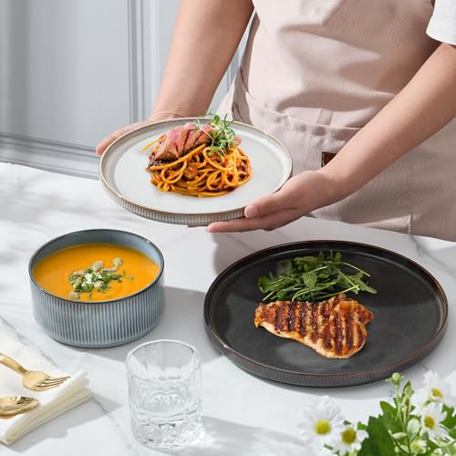 Image of E-far 12-Piece Plates and Bowls Sets, Stoneware Dinnerware Dishes Sets for 4, Kitchen Modern Dining Dishware, Chip & Scratch Resistant, Microwave & Dishwasher Safe, Multicolor