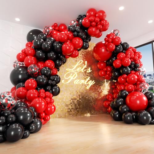 Red and Black Balloon Arch Garland Kit with Black Red Confetti Balloons for Graduation Anniversary Valentine New Year Birthday Party Decorations