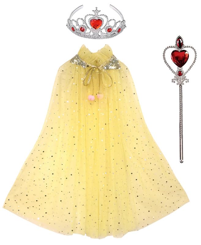 Image of Princess Cape for Girls - Colorful Sequin Cloak with Crown and Wand for Birthday, Halloween, Fancy Dress & Carnival