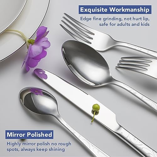 Image of 40 Piece Silverware Set Service for 8, EIUBUIE Premium Stainless Steel Cutlery Set, Mirror Polished Flatware Sets with Pattern Handle, Modern Kitchen Eating Utensils Sets Include Spoons Forks Knives