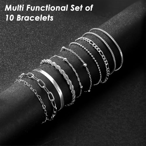 Image of SANNIDHI Bracelets for Women, Pack of 10 Chic Gold Silver Alloy Layered Bracelets Set Ladies Slim Link Bracelet for Woman Wrist Jewelry Gift