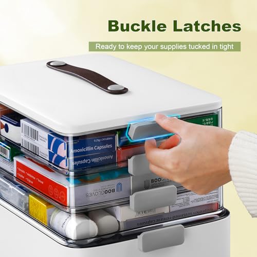 Image of MOPALL 4-Tier Medicine Organizer Storage Box, Portable Latch Bin with Lid and Leather Handle, Cabinet Closet Organization for Home Office, Pill Bottle, First Aid, Sewing, Art, Craft