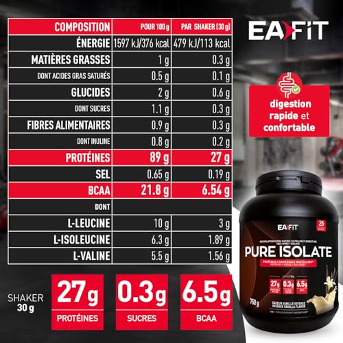 EAFIT - Pure Isolate - Whey Protein Isolate - Whey pour Prise de Masse et Musculation - 27g de Proteine, 6.5g de BCAA - Faible en sucres et matières grasses - 750 g - Vanille - Marque FR – Image 3