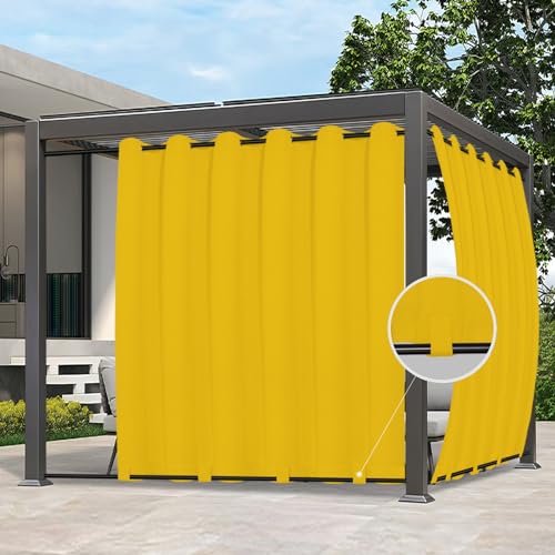 Image of Easy-Going Outdoor Curtains for Patio 1 Panel, 110x108 inch, Yellow | Waterproof, Windproof, Weatherproof Privacy Outdoor Curtains for Cabanas Porches and Pergolas, Grommet Top and Tab Bottom