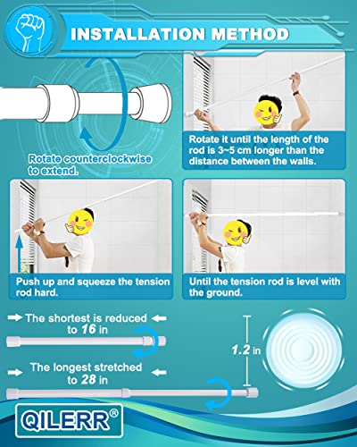 Image of Short Tension Rod 16 to 28 Inche Small Shower Curtain Rods No Drilling Adjustable Heavy Duty Extension Loaded Spring Tension Rod for Windows, Closets, Curtains, 7 /8 inch Diameter, White