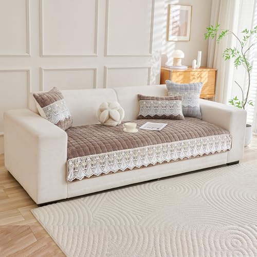 Image of HOKIPO 'BelleLace Series' Imperial Milk Velvet Sofa Cover Mat for 2 Seater Sofa, Lace Design, Mocha Brown (AR-5964-BRN*1)