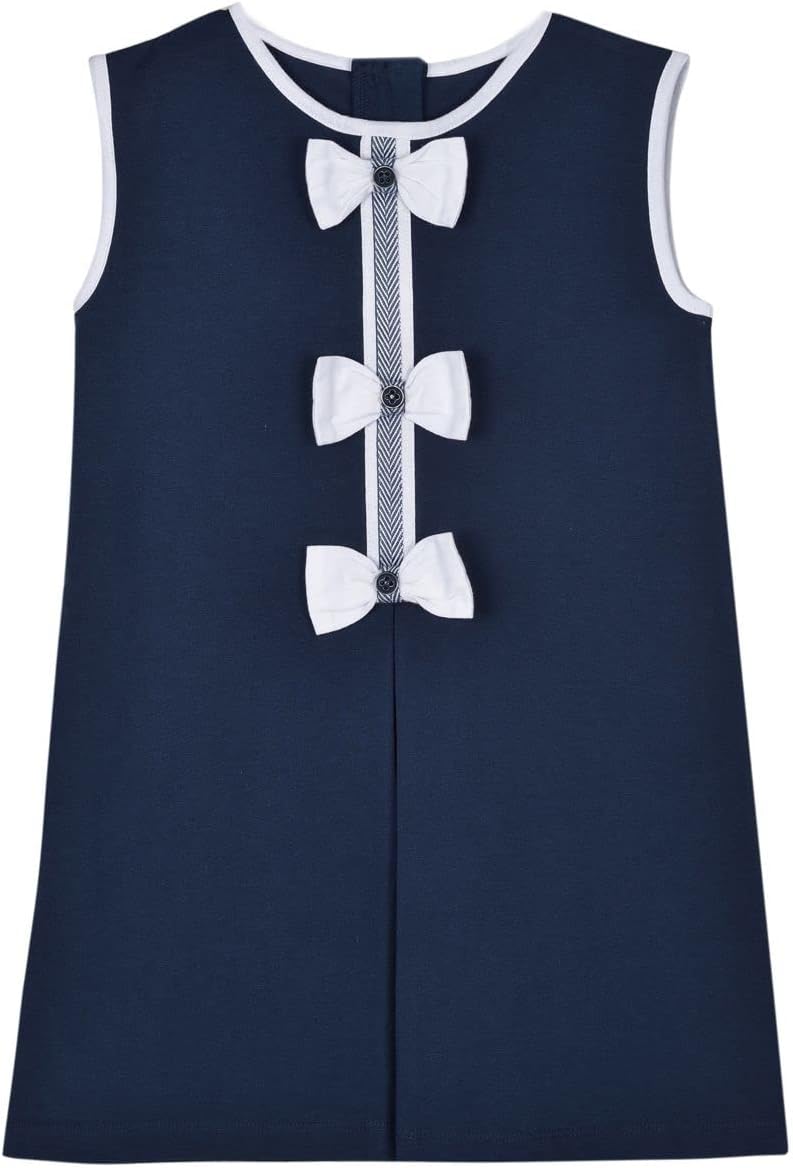 okioNavy Blue Girls Dress with White Bow Sleeveless Dress Kids Clothing- Girls Regular Fit, Flare Dress with Belt