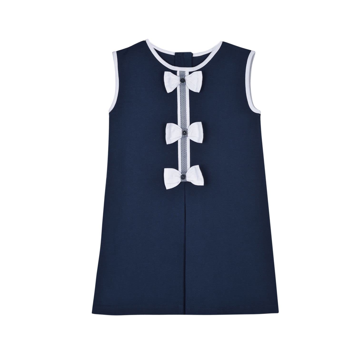 okioNavy Blue Girls Dress with White Bow Sleeveless Dress Kids Clothing- Girls Regular Fit, Flare Dress with Belt