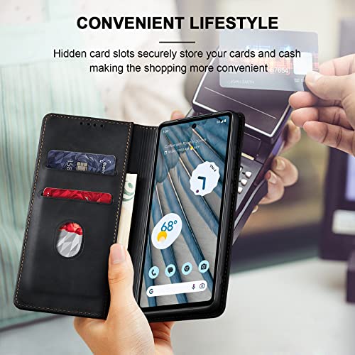Image of Jasonyu Flip Wallet Case for Google Pixel 7A,Leather Magnetic Folio Cover with Card Holder,Kickstand - TPU Shockproof Durable Protective Phone Case,Black