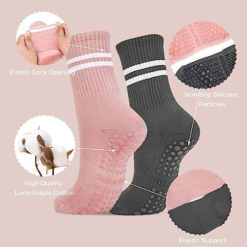 Yoga Socks for Women Men Non Slip, 2 Pairs Anti Slip Pilates Stockings, Non Slip Socks for Trampoline Barre Dance, Grip Socks for Hospital Home Exercise, Gray and Pink Fall Prevention Stocking