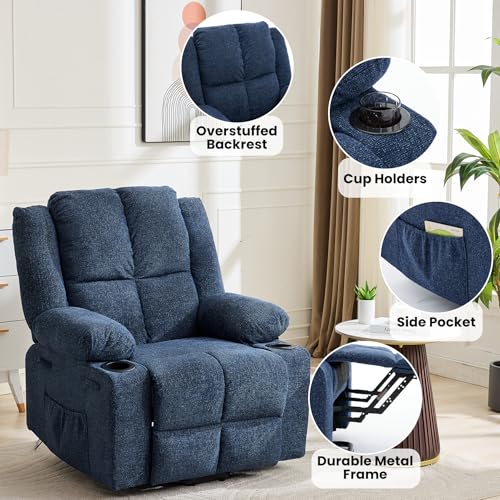 Image of Oversized Linen Power Lift Recliner for Elderly | Electric Stand Assist Chair with Massage Heat & 2 Cup Holders | 155 Lay Flat Recliner for Living Room,Dark Blue