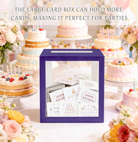 Image of SietDESEO Purple Card Box for Party with Clear Window Large Gift Card Box Holder for Wedding Reception Birthday Graduation Baby Shower Raffle Ticket Box