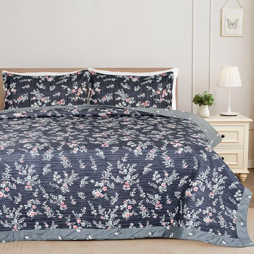 Image of Amazon Brand - Umi 100% Cotton Quilted /Ultrasonic 280 Tc Printed King Size Bed Cover /Bedsheet /Bedspread Comforter with 2 Pillow Shams /Cover, (Luxurious, 90 x100 inches, Blue & Grey)