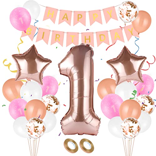 Luftballons 1 Jahr Geburtstag Dekoration, 1 Jahre Banner Dekorationen, Luftballon Zahl 1 Mädchen und Konfetti, Roségold, Luftballons-Set für ersten Geburtstag, Geburtstagsparty, wiederverwendbar Cover