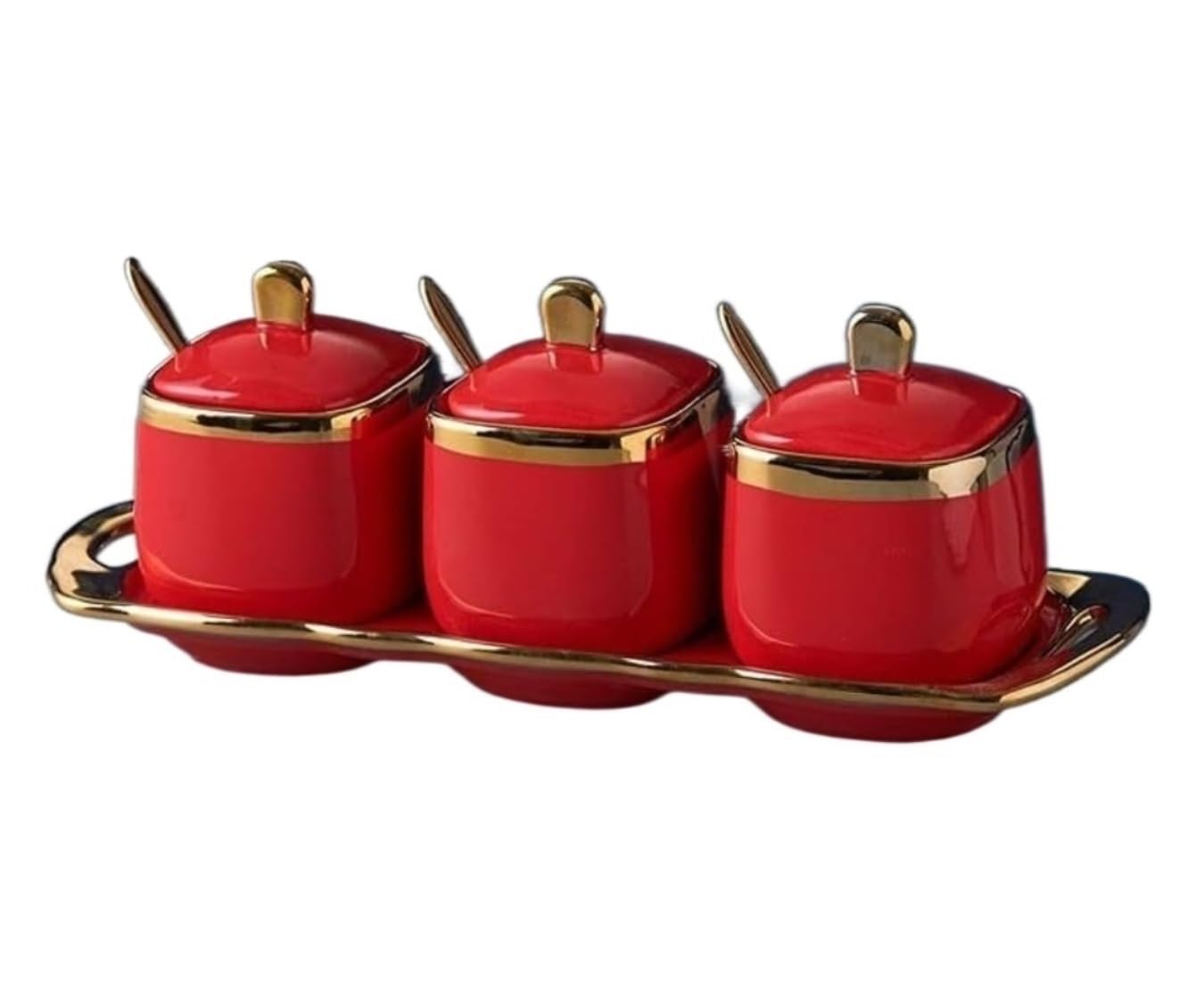 Salero Y Azucarero Cocina Juego De Recipientes Para Condimentos Cerámica, Set Sazonadores Con Tapa Cuchara Y Bandeja, Botella Especias, Para, Cocina Caja De Almacenamiento(Rot)