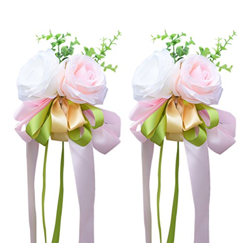 WINOMO 2Pcs Ribbon Flower for Wedding Artificial Rose Wedding Car Decoration Flower Mirror