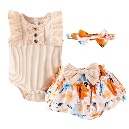 Image of GDTOGRT Baby Girl Clothes Newborn Infant Summer Outfits Ruffle Romper and Shorts with Headband Sets for 0-3-6-9-12-18 Months