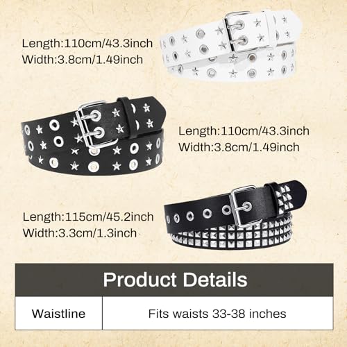 3 Pcs Black White Star Belt Studded Punk Rock Belt with Grommet Threads Bright Metal Pyramid Gothic Belts for Women Men3