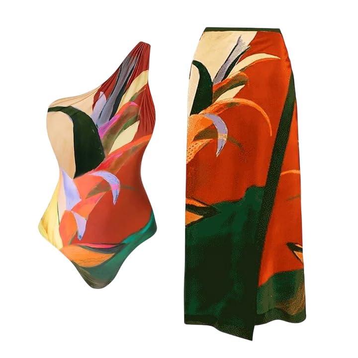 Image of AARAM Stylish Premium Women's One Piece Swimsuit with Cover Ups Wrap Skirt Sarong Floral Print Monokini Tummy Control Swimwear, Printed Costume Women Beach Wear