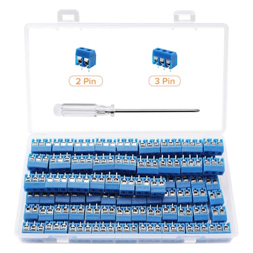 Lyeteung 100 PCS 5mm Pitch 2/3 Pin PCB Mount Screw Terminal Block Connector, PCB Terminal Block, with Screwdriver, for Arduino DIY Project, Blue