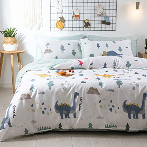 BlueBlue Jurassic Dinosaur Duvet Cover Set, 100% Cotton Bedding for Kids Boys Girls Teens, Tyrannosaurus Long-Necked Dragon Pattern on White, 1 Full Comforter Cover 2 Pillow Shams (Queen, Dino)
