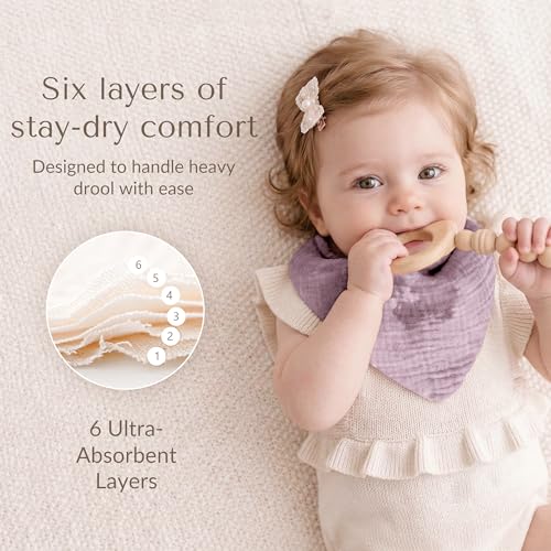 Image of Konssy 10 Pack Baby Muslin Bandana Bibs for Drooling and Teething | 100% Cotton Bibs for Boy Girl, Soft Absorbent 6-Layer Thick Cloth, Pre-Washed Less Shrinkage, Newborn Infant Toddler