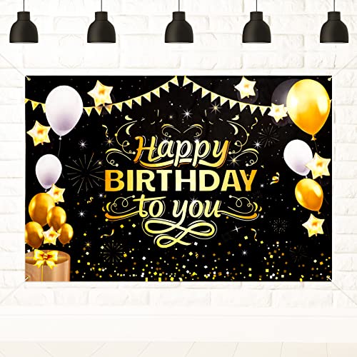 Popuppe Banderole Joyeux Anniversaire Décoration Noir et Or 180 × 120 CM Toile de Fond Anniversaire Fête Anniversaire Déco Tissu Affiche Bannière Fond Photo Anniversaire Cover