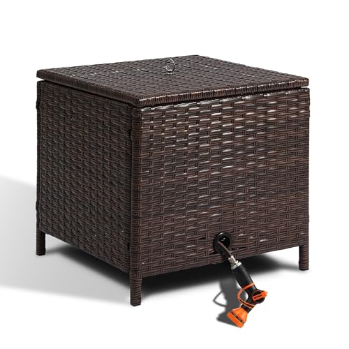 Decorative Garden Hose Storage Box with Lid, Weather Resistant Handwoven PE Rattan Water Hose Holder, Storage For Garden Tools, 200FT 5/8'' Hose Capacity