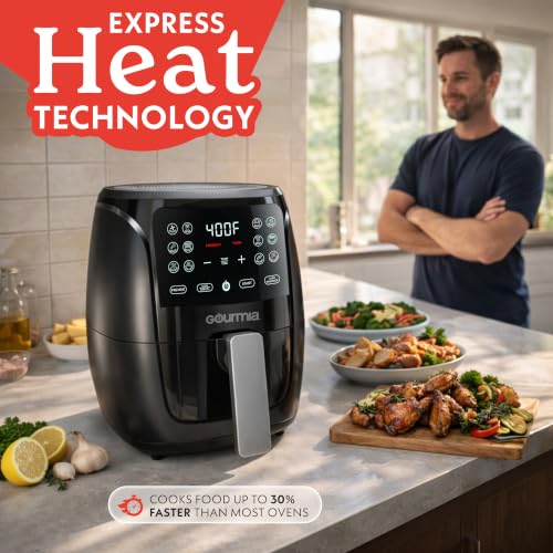 Image of Gourmia Air Fryer - 4 Qt Capacity, FryForce360º, Digital Display with 8 Presets, Roast, Bake, Broil, Dehydrate, Dishwasher Safe Accessories, Compact, Black