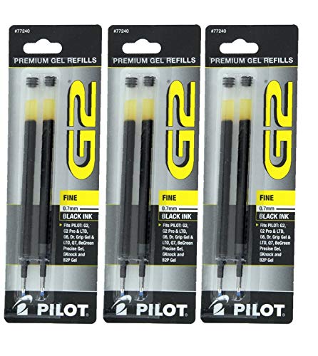 Pilot G2, Dr. Grip Gel/Ltd, ExecuGel G6, Q7 Rollerball Gel Ink Pen Refills, 0.7mm, Fine Point, Black Ink, 3 Packs of 2-1 Pack