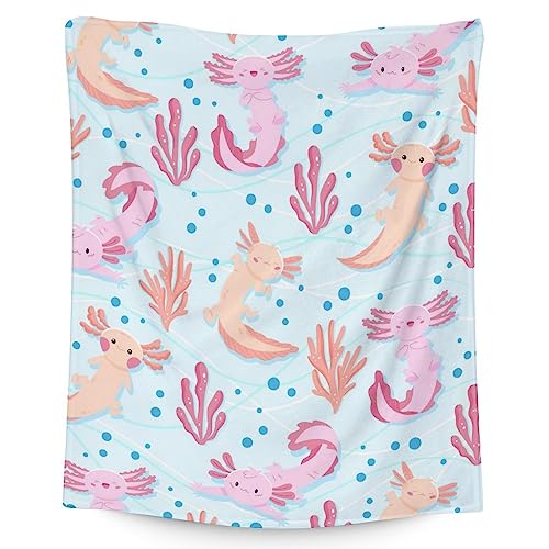 Girl Blanket - 50x60 Inches Cute Axolotl Throw - Light Blue Soft Fuzzy Blankets for Bed, Couch & Living Room