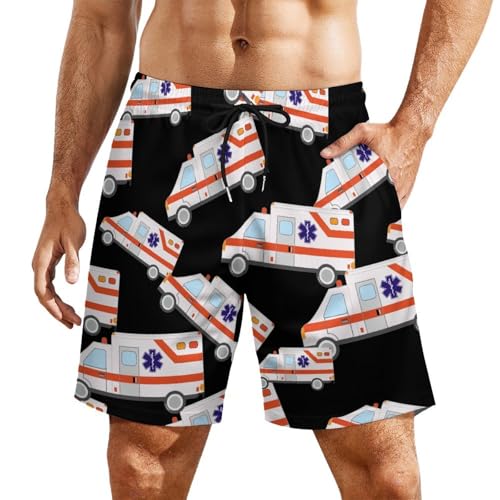 Ambulance Emergency Medical Technician Beach Shorts for Men Swim Trunks Quick Dry Swim Shorts with Compression Liner Pocket