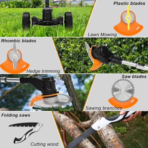 Image of Cordless Grass Cutter Machine for Garden | Weed Cutting Tool | Easy Storage with Adjustable Height & Foldable Handle | 2 x 48V Battery | 25cm Cutting Width | 3 x Heavy-Duty Blades (Old-Black)