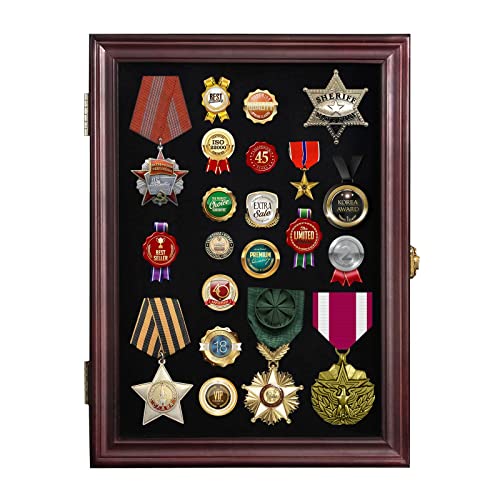 Image of Pine Pin Display Case, 11 inchx15 inch Non-Dust Pin Collection Display Shadow Box with High Transparency UV Protection Acrylic Glass Door for Jewelry Pins, Military Badges, Medals, Red Finish
