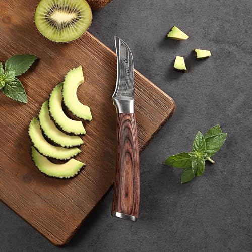Foto von Wakoli EDIB Schälmesser aus echtem Damaststahl (VG10 Kern) mit 6 cm gebogener Klinge – Scharf & handlich – Damastmesser mit Pakkaholzgriff in Geschenkbox – Tourniermesser für Obst & Gemüse